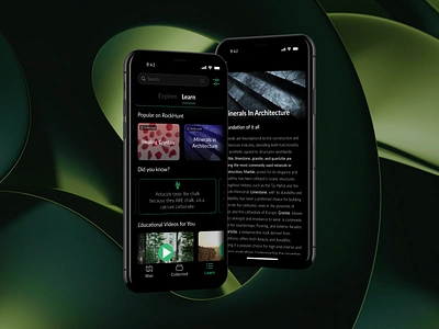 Rockhunt: Rock and Mineral Collecting App! app card dark dark theme design educational explore geology learn minerals mobile mobile app rocks screen theme ui ui design