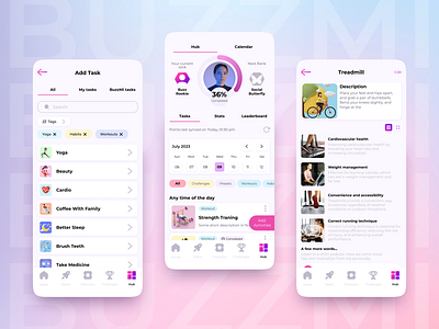 Buzzmi socializing and fitness app - User HUB app coach creator event fitness habits hobbies hub marketplace shop shopping social media socializing sport strength task ui ux workout yoga