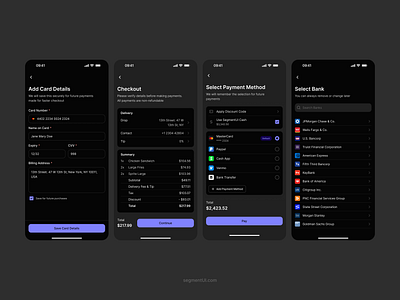 Checkout / Payment bank card checkout clean dark design system detail figma framer minimal payments selection ui ui kit