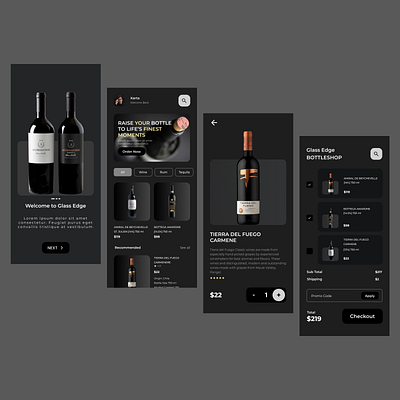 Glass Edge Bottleshop App UI Design app design dark mode e commerce minimalist mobile design product page shopping cart ui user experience user interface ux wine shop