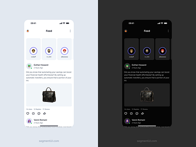 Social Media Feed android avatars clean dark design system download feed figma framer free ios light minimal mobile posts social media stories ui users