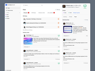 Relationship CRM - Contact Feed contact profile contacts contacts feed crm crm feed dashboard feed feed crm filters lead generation profile lead profile leads feed posts product design profile social social feed tabs user profile user profiles