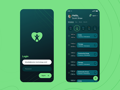 Healthcare App - Login & Appointment appointment calendar dark theme ehr fahaddesigns healthcare lbooking list view login mobile app ui ux