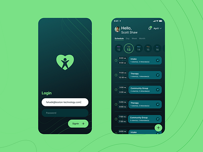 Healthcare App - Login & Appointment appointment calendar dark theme ehr fahaddesigns healthcare lbooking list view login mobile app ui ux