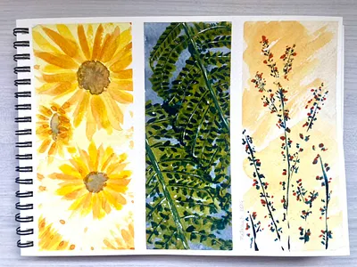 3 loose floral paintings 🌸 abstract art blue branches florals flowers gouache green illustration leaf leaves loose florals natasha gonzalez poetic red sketchbook sunflowers traditional art watercolour yellow