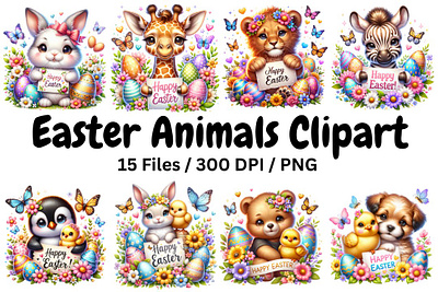 Cute Happy Easter Animals Clipart Sublimation Bundle PNG 3d animation graphic design logo motion graphics ui