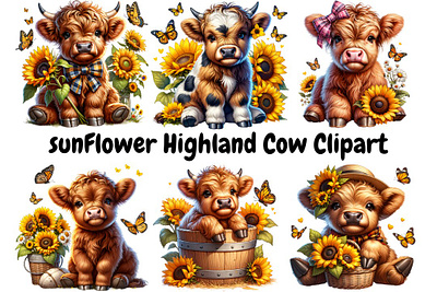 Cute Highland Cow Sunflower Clipart Sublimation PNG Bundle 3d animation graphic design logo motion graphics ui