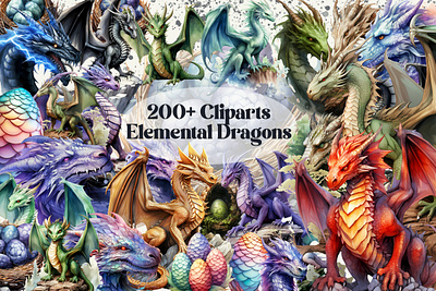 Elemental Dragons Watercolor Clipart Bundle Sublimation 3d animation branding graphic design logo motion graphics