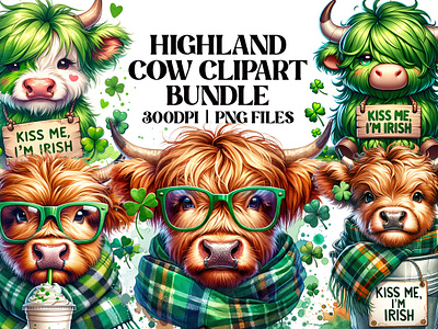 Highland Cow Clipart Sublimation St Patricks Day Clipart 3d animation graphic design logo motion graphics ui