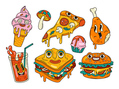 Fast food stickers in retro groovy style adobe illustrator art cafe menu character design design drawing flat illustration flat style graphic design illustration sticker