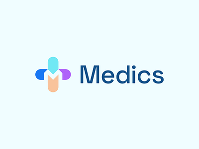 Medics Logo Design abstract app branding corporate cross finance fintech friendly health letter logo m medical minimal negative space pill saas startup tablet vibrant