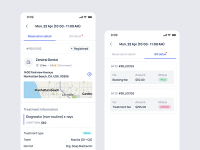 Zendenta - Reservation and Bill Details in Patient Mobile App appointment bill clinic dental dentist ehr emr hospital management mobile mobile design payment product design reservation saas saas dental treatment ui ux