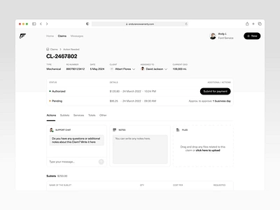 Claim Details, Submit for Payment. Endurance Warranty 3d animation app app design auto insurance b2b claims clean illustration insurance minimalism modal motion graphics payments product design saas table ui ux web app