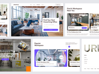 Urbanpace - Workspaces Page booking app brand identity branding card coworking coworking office coworking space design footer hero landing page minimal minimalist ui unique layout ux web design website working space workspace