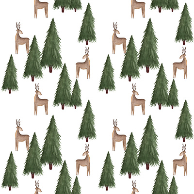 Seamless pattern of deers and pine trees. autumn christmas deer design forest hand drawn nature pattern reindeer seamless summer trees wallpaper watercolor winter wrepping paper