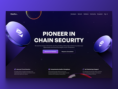 Blockchain Security Pioneer - Landing Page 3d 3ddesign blockchain branding crypto cryptocurrency cybersecurity darkmode designtrends fintech futuristicdesign gradients landingpage ui uidesign userinterface ux uxdesign webdesign websecurity