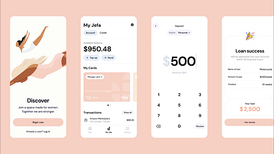 Jefa: Banking for Women App Highlights account animation balance branding clean deposit femtech finance fintech flat login minimal onboarding signup simple ui user experience user interface ux withdraw