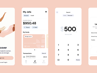 Jefa: Banking for Women App Highlights account animation balance branding clean deposit femtech finance fintech flat login minimal onboarding signup simple ui user experience user interface ux withdraw