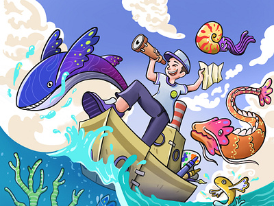 DTIYS - Sailing in Fantasy Sea boat character design fantasy fish illustration imagination ocean people sailing sailor sea underwater