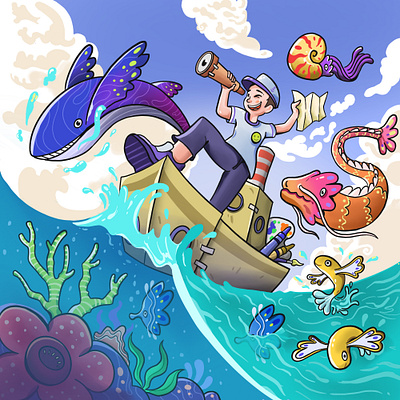 DTIYS - Sailing in Fantasy Sea boat character design fantasy fish illustration imagination ocean people sailing sailor sea underwater