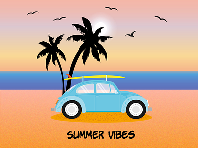 Summer vibes adventure classic car design digitalart graphic design illustration palm tree rest retro car seashore summer summer illustration summer vibes summerdesign sun and sea sunset vacation vector vector illustration volkswagen beetle