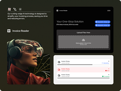 Ai Invoice Reader - Document Data Extraction ai assistant black and white document reader drag and drop zone error state file reader file uploading success status ui ui design upload file uploading status