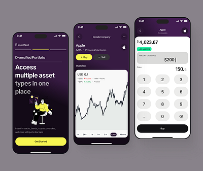 INVESTNEST - Mobile Investment App app design budget crptocurrency crypto design finance app finance management fintech fintech app investment investment app mobile app portfolio product design ui uiux ux wallet