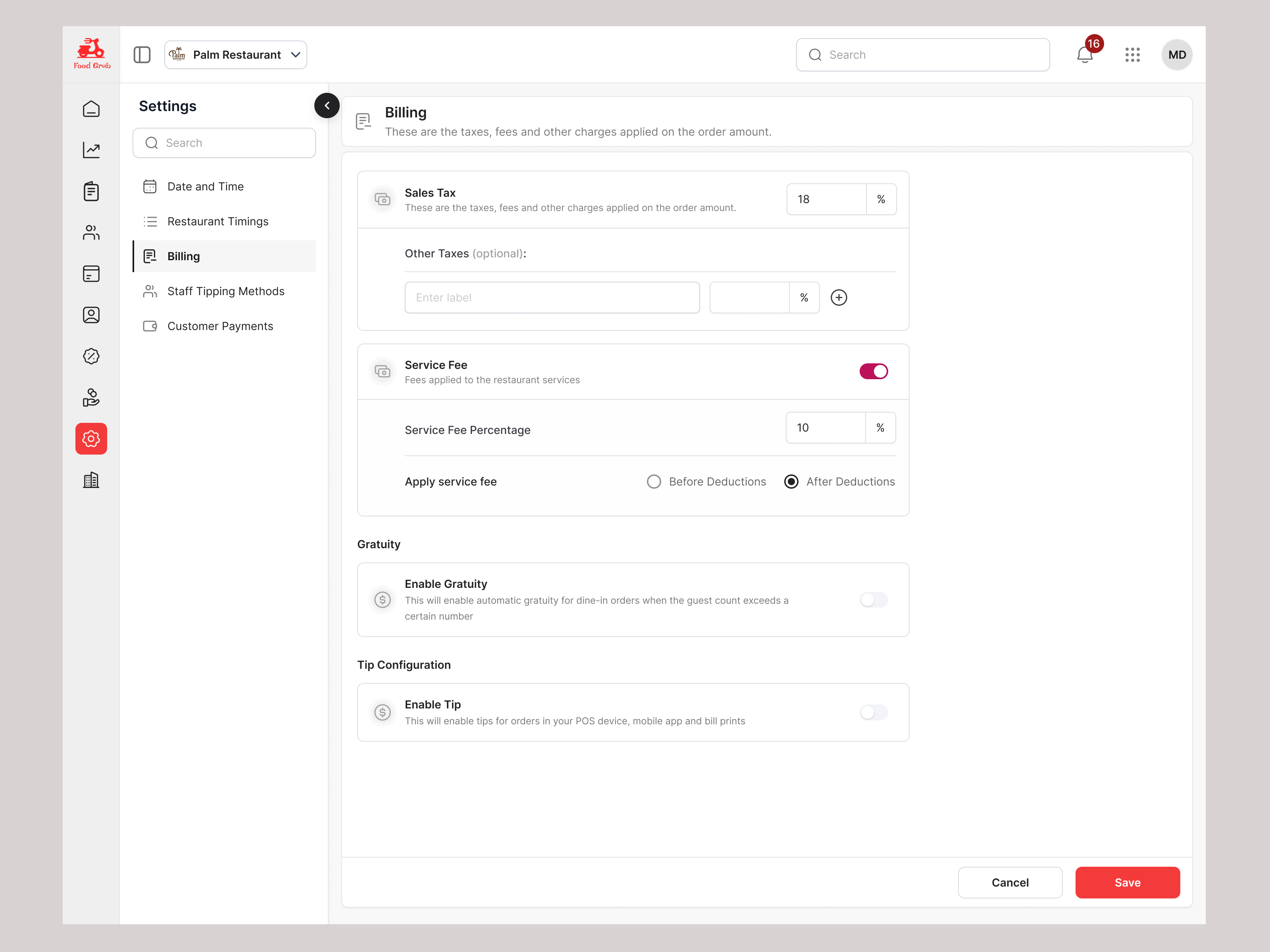 Settings - Billing billing design minimal design pos system product design product settings restaurant management restaurant pos restaurant settings restaurant timings saas product saas settings setting design settings ui ux ux design