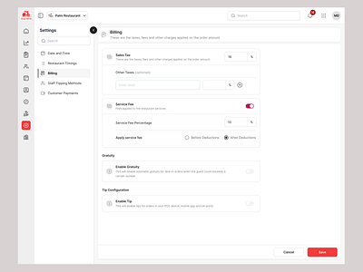 Settings - Billing billing design minimal design pos system product design product settings restaurant management restaurant pos restaurant settings restaurant timings saas product saas settings setting design settings ui ux ux design