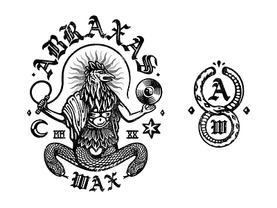 Abraxas Wax Tee Graphics abraxas apparel black and white blackletter gnostic illustration moon numerals roman snake star statue sun tee shirt texture vinyl wax whip yin yang