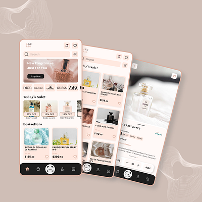 Perfume E-commerce Mobile App app branding clean design cute design figma graphic design minimal mobileapp ui uiux user experience ux