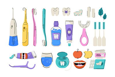 Teeth Care Tools care cartoon dental dentist denyistry design elements flat graphic healthcare hygiene illustration madical medicine object oral paste teeth toothbrush vector