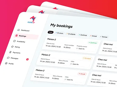Cleanup - My bookings design bookings card design dashboard filter by status homepage design landing page navigation statuses tabbar ui ui design uidesing uiinspiration ux design webdesign website design