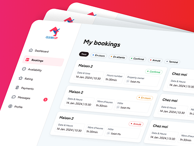 Cleanup - My bookings design bookings card design dashboard filter by status homepage design landing page navigation statuses tabbar ui ui design uidesing uiinspiration ux design webdesign website design