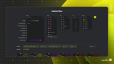 Filter with Dropdowns for Gaming Website car dark dropdown e commerce filter gaming gg green menu neon ps5 rating search tank ui ux vehicle web design website yellow