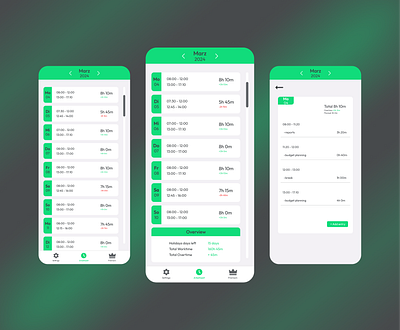 Track work hours - mobile UI design app branding design green interface logo mobile mobile app mobile design product design track track working hours tracking ui ui design ux ux design work