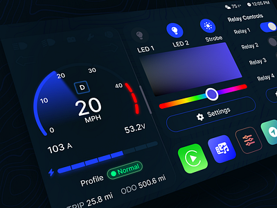 Golf Cart HMI apps auto ui automotive battery gauge car ui dashboard ev gauge golf cart hmi hud in vehicle odometer product design settings speedometer ui ux vehicle ui