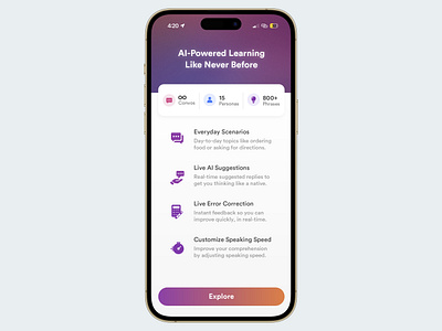 AI powered learning screen ai ai app app design design inspiration edtech education innovative design interactive design language learning mobile app product design tech design ui design uiux user experience user interface ux design