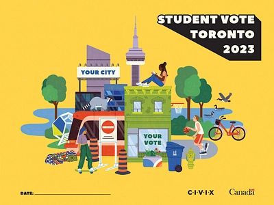 Civix - Student Vote buildings city cn tower colourful design education fun graphic design illustration people poster poster design raccoon streetcar students teens toronto urban vote voting