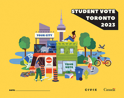 Civix - Student Vote buildings city cn tower colourful design education fun graphic design illustration people poster poster design raccoon streetcar students teens toronto urban vote voting