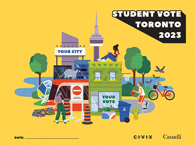 Civix - Student Vote buildings city cn tower colourful design education fun graphic design illustration people poster poster design raccoon streetcar students teens toronto urban vote voting