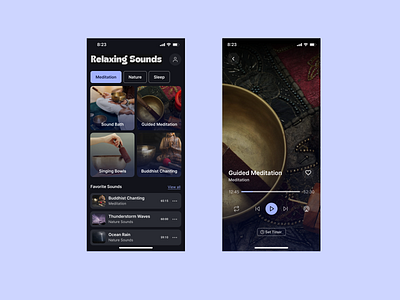 Minimalist Meditation & Relaxation App audio dark darkmode design meditation mode player redesign sounds ui ux