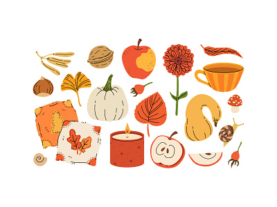 Cozy autumn set 1 autumn cartoon collection concept cute design fall flat illustration set vector