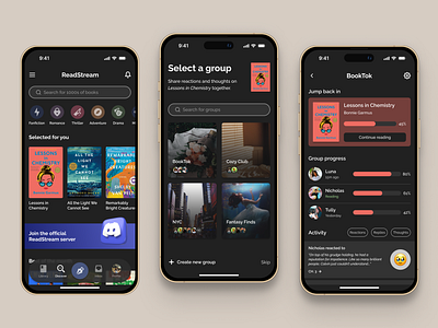 eBook Reading Groups app design book club books bookstore daily ui dark mode dashboard ebook figma groups home page progress reading ui design ux design