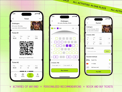 Mobile app for Entertainment center animation app booking design entertainment eventbooking events interactivedesign ios lightmode mobileapp modernui movieapp theaterapp tickets ui uiuxdesign userexperience userfriendly ux