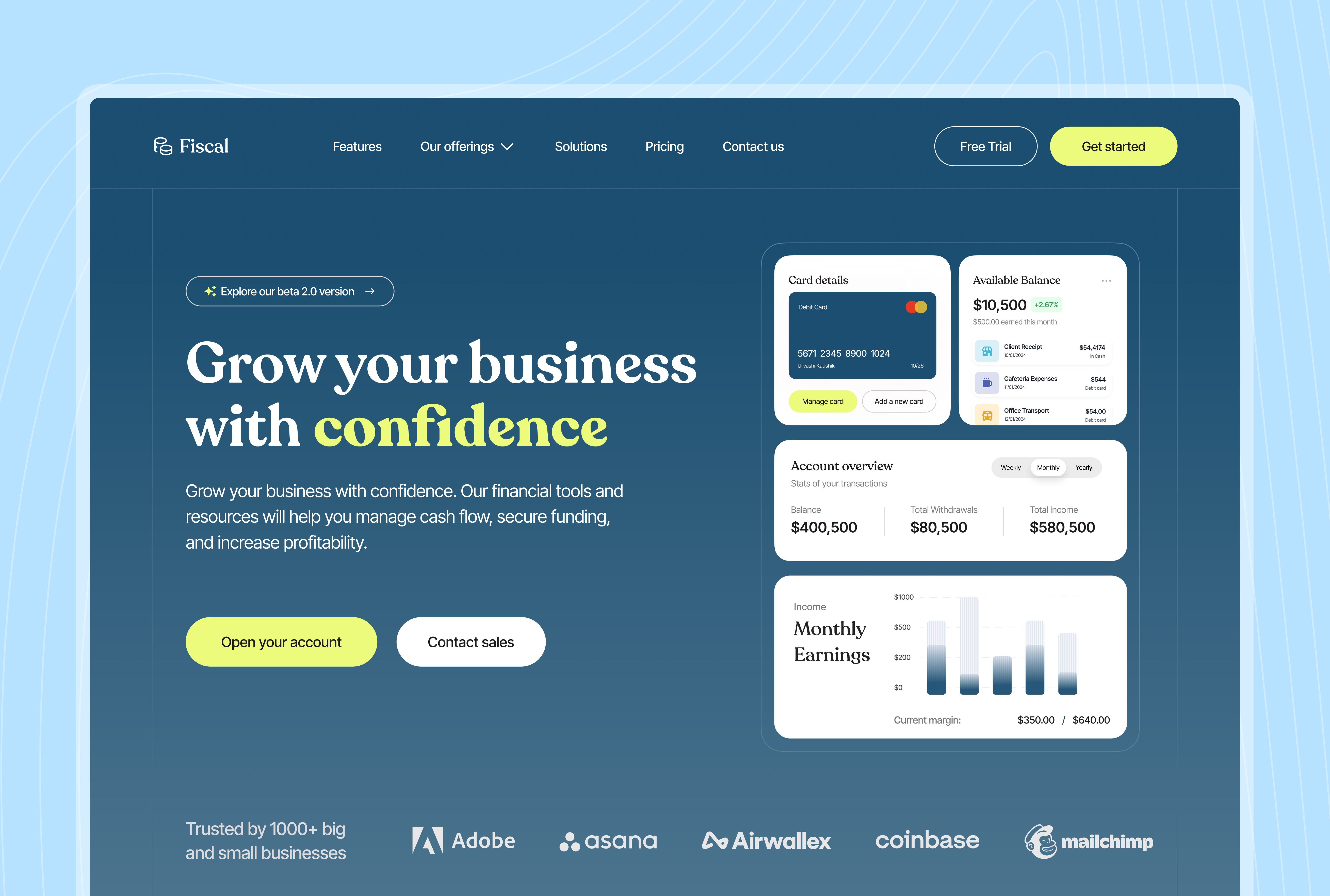 Fiscal - Financial Solutions For Businesses👩🏻‍💻 bank bank card bank web business credit card debit card digital banking figma finance finance app finance web financial solutions home page landing page mobile banking modern ui ui web design website website design