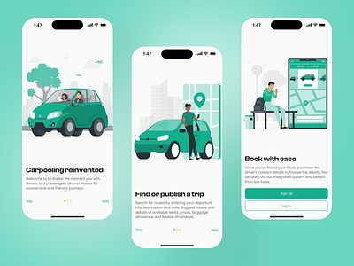 En-Route Onboarding Screens app car sharing app carpool carpool app carpooling clean mobile app onboarding onboarding screens ride booking app rideshare trip app ui uiux ux