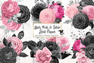 Black Pink and Silver Floral Clipart 3d branding graphic design logo motion graphics ui