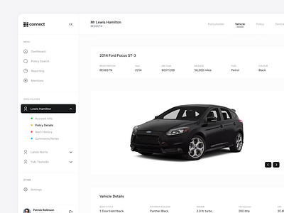 Dashboard (Vehicle Details) - Connect analytics app application clean dashboard design driver score driving score image light telematics ui user interface ux uxui vehicle vehicle details web app