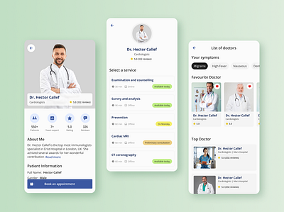 Medical appointment application digitalhealth doctorprofile healthcaredesign healthcareui healthtech interface medicalapp medicalservices mobile app patientcare product design ui ux